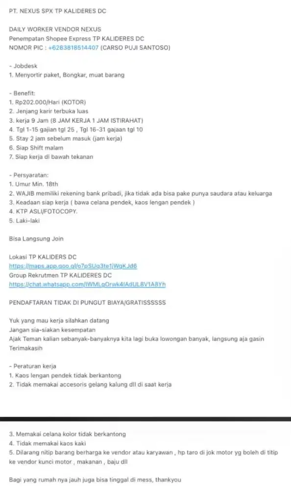 LOWONGAN KERJA DW TRANSIT POINT KALIDERES DC NEXUS