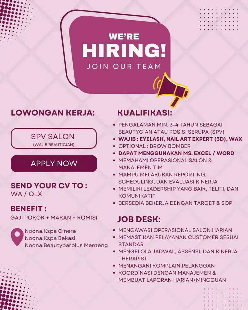 Lowongan Kerja SPV Beautician (Nail art, Eyelash, Waxing)