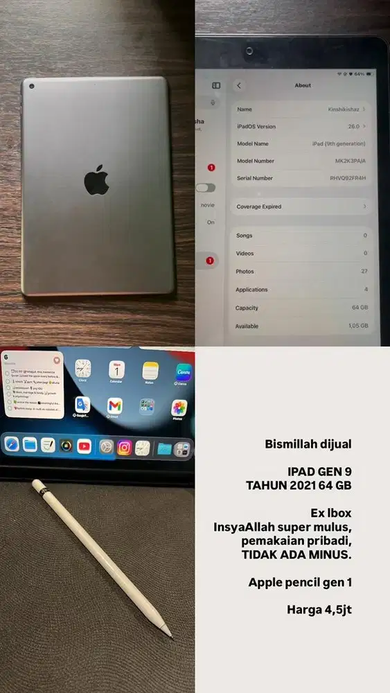IPAD GEN 9 64gb + Apple pencil gen 1 EX IBOX