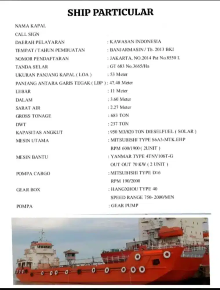 Dijual SPOB 1000KL Tahun 2013