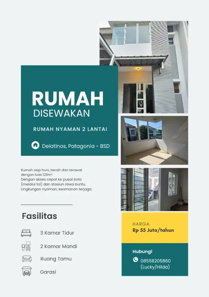 Disewakan Rumah Nyaman 2 lantai Delatinos Patagonia BSD