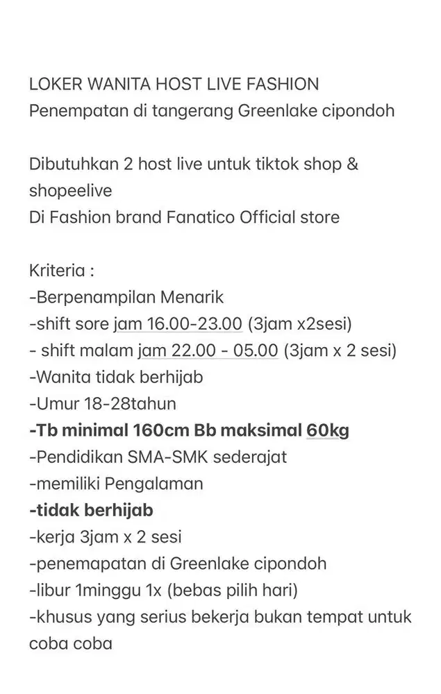 LOKER WANITA HOST LIVE