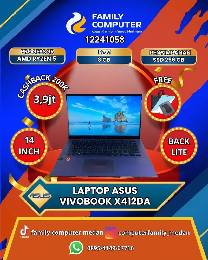 GAMING ASUS A412D RYZEN 5 3500U RAM 8GB SSD 256GB BACKLITE AMD RADEON