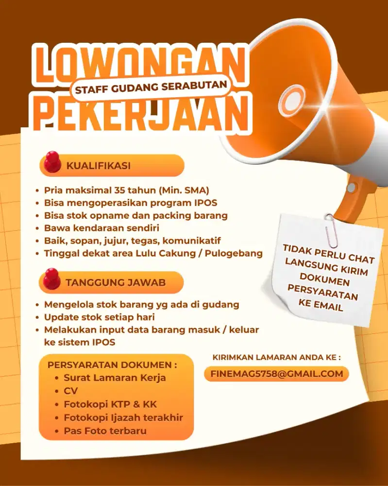 Lowongan Pekerjaan Staff Gudang Serabutan untuk Pria