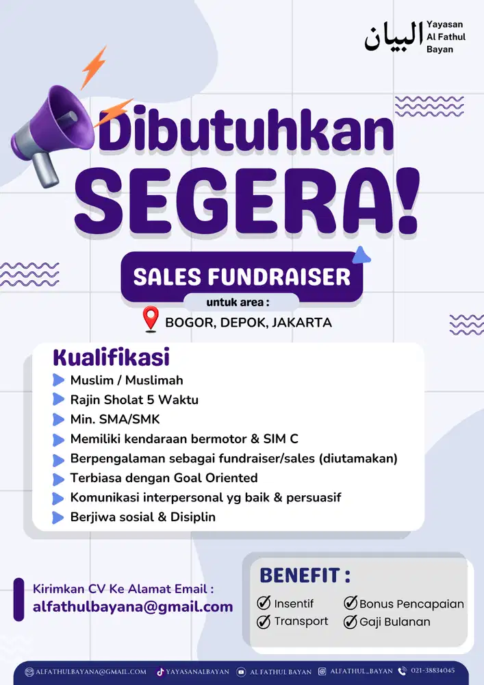 DIBUTUHKAN SEGERA! SALES FUNDRAISER (BOGOR, DEPOK, JAKARTA)
