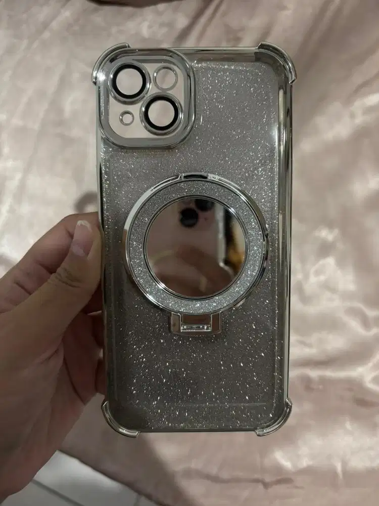 Casing glitter silver iPhone 15 Plus Magsafe Premium Mirror Airbag