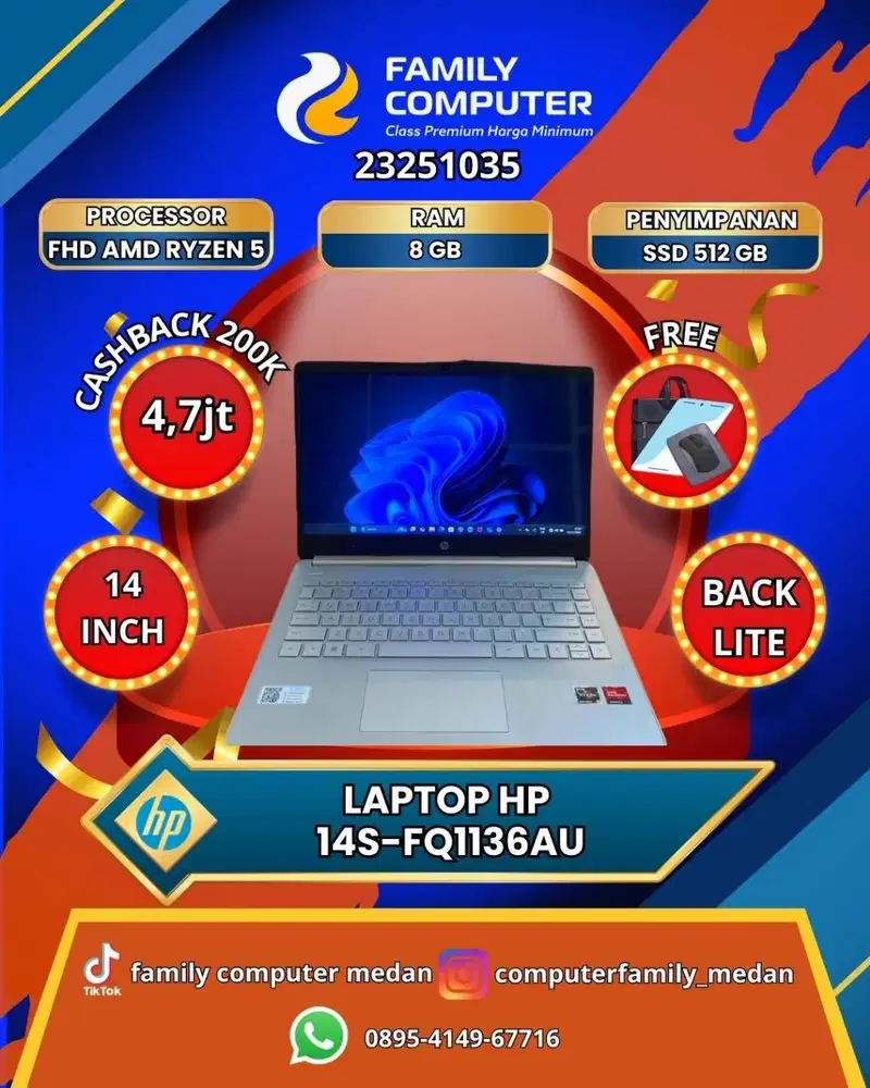 GAMING HP 14s RYZEN 5 5500U RAM 8GB SSD 512GB BACKLITE LIKE NEW GARANS