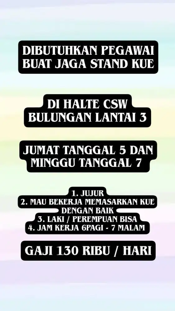 dibutuhkan spg jaga stand kue daerah melawai