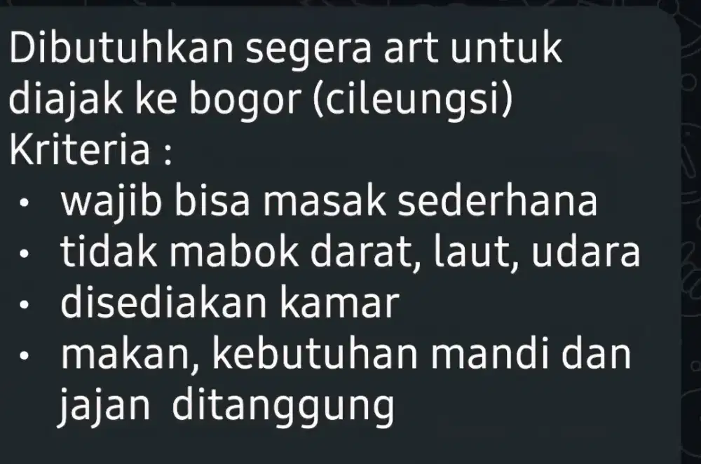 Dicari ART Nginep!!!