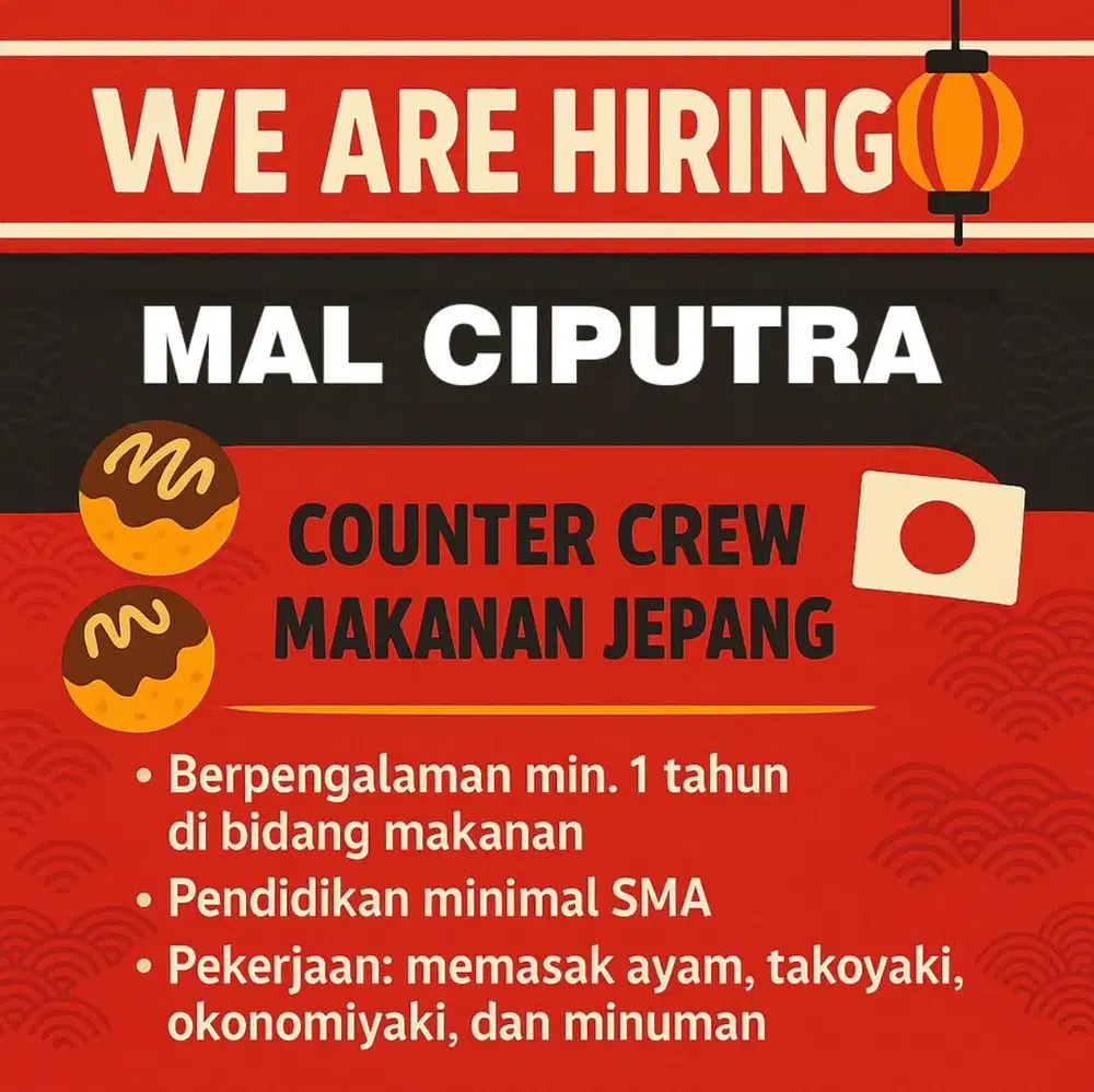 DICARI CREW MASAK, MASAKAN JEPANG , TAKOYAKI