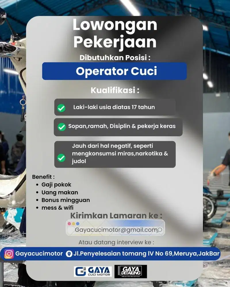 Dicari tenaga untuk cuci motor atau operator cuci di gaya cuci motor