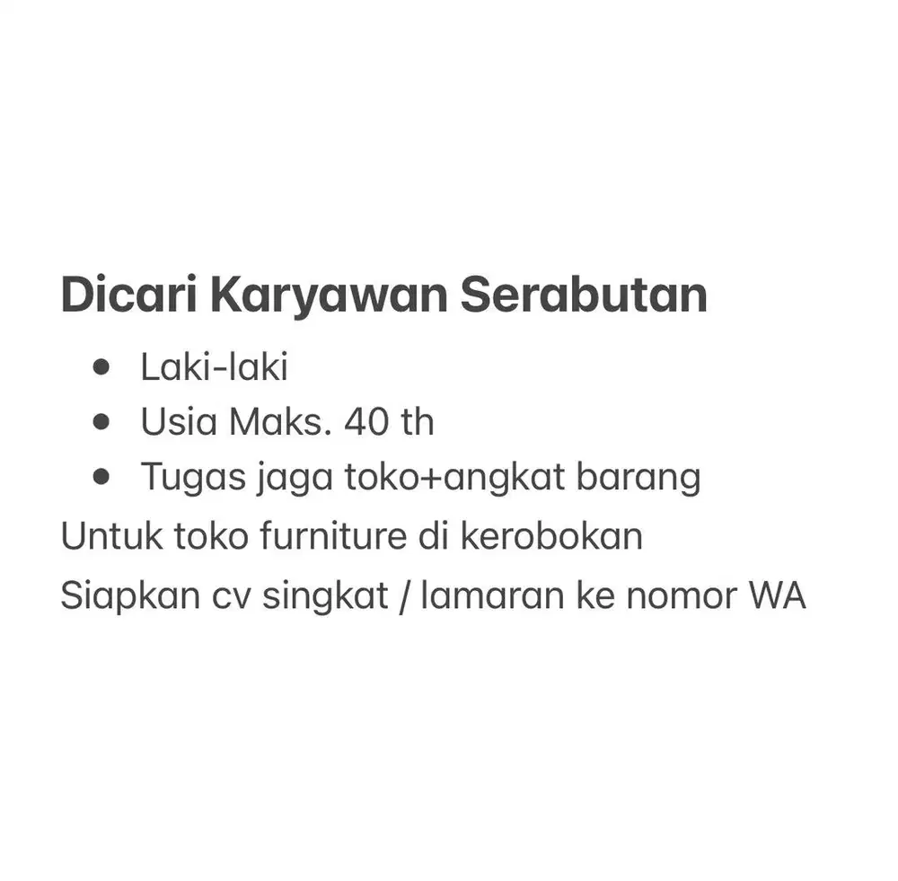 Karyawan serabutan toko furniture