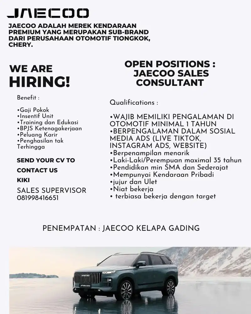 SALES CONSULTANT BRAND OTOMOTIF JAECOOO