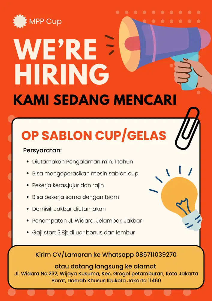 LOWONGAN PEKERJAAN OPERATOR SABLON CUP/GELAS WAJIB PRIA BERPENGALAMAN