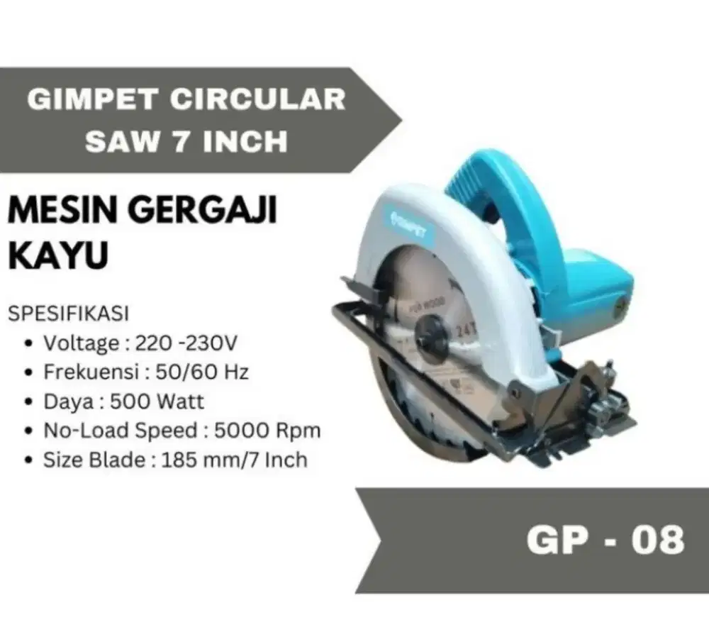 Mesin potong kayu/serkel 7'in GIMPET tipe GP-08 1.set lengkap BARU