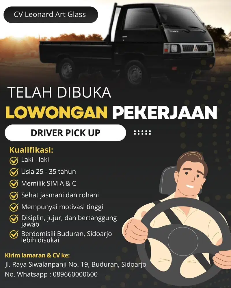 Dibutuhkan segera Lowongan driver pickup