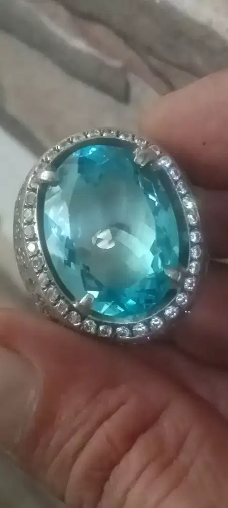 Batu blue topaz natural Swiss blue ring perak