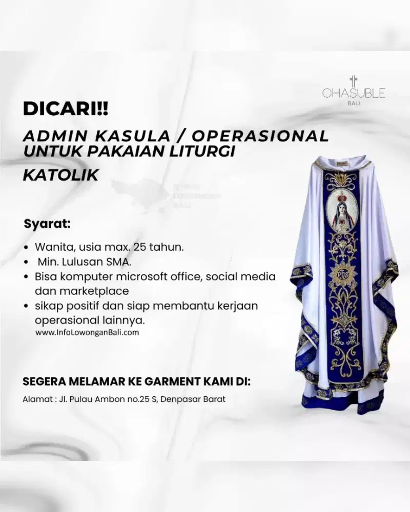 DIBUTUHKAN SEGERA ADMIN KASULA/OPERATIONAL