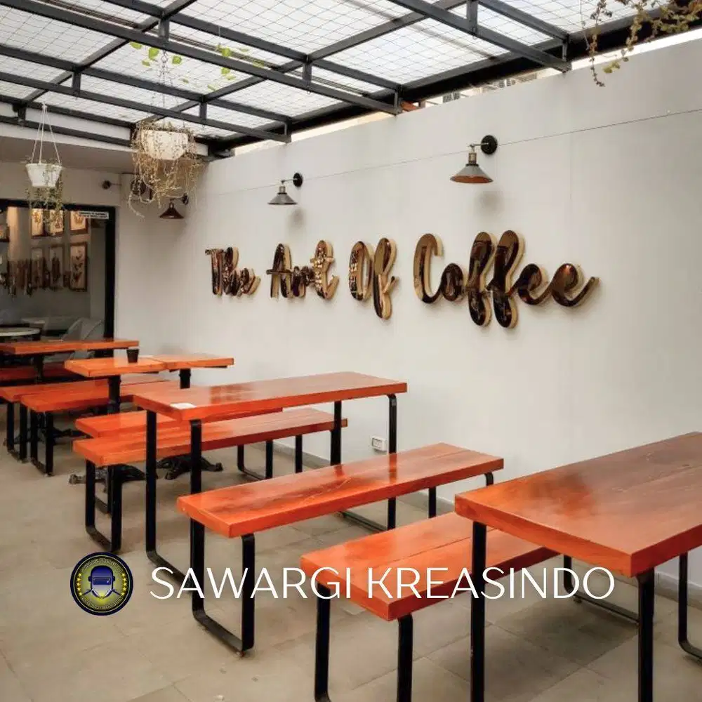 Set Meja Kursi Cafe minimalis rangka besi alas kayu, pusat produksi