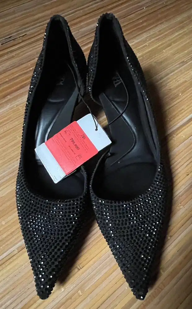 Zara black rhinestone kitten heel shoes.