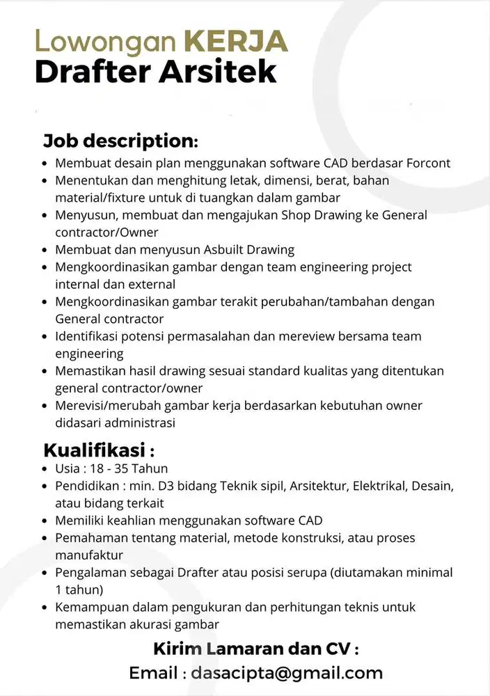 Lowongan Drafter Arsitek