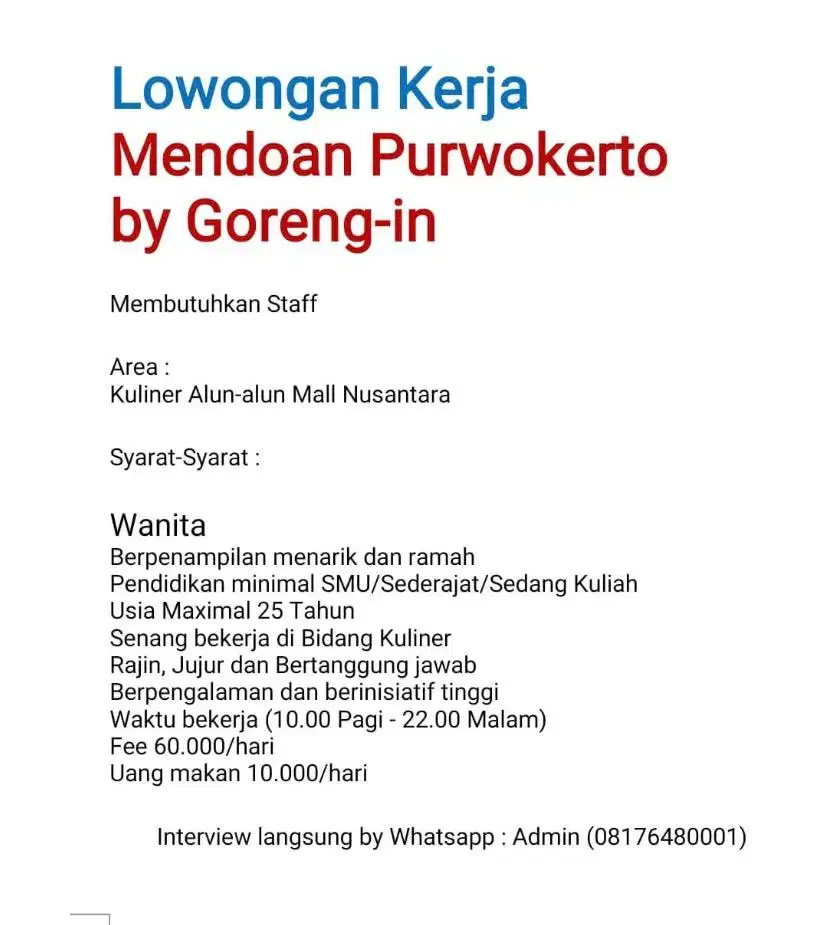 lowongan pekerjaan staff kuliner