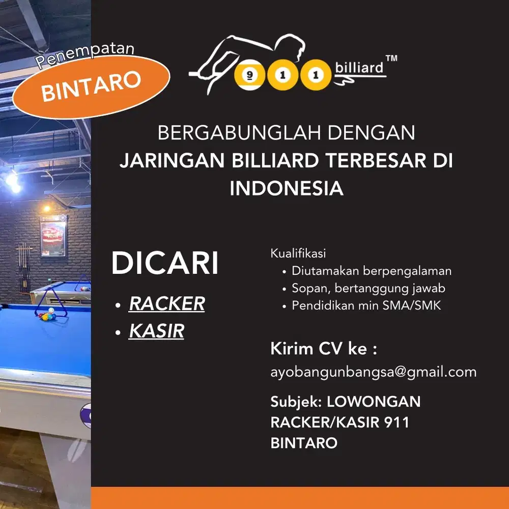 Lowongan kasir racker 911 Billiard Bintaro