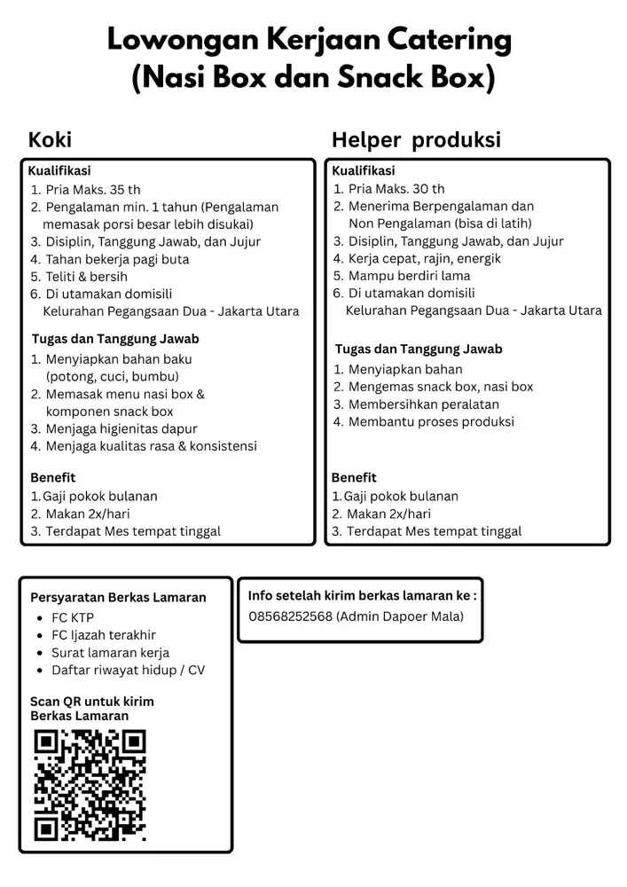 Lowongan Kerja - Koki & Helper (2 org) Catering Makanan dan Snack