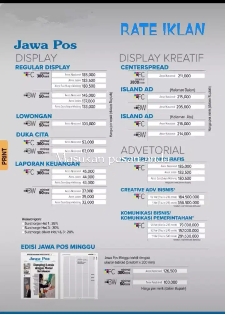 Pasang iklan koran Advertising Jawa Pos Kompas Memo Surya Kompas