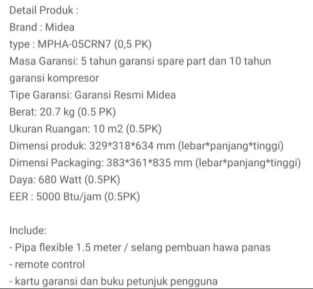 Dijual AC Portable merk Midea MPHA-05CRN7 (0.5 PK)