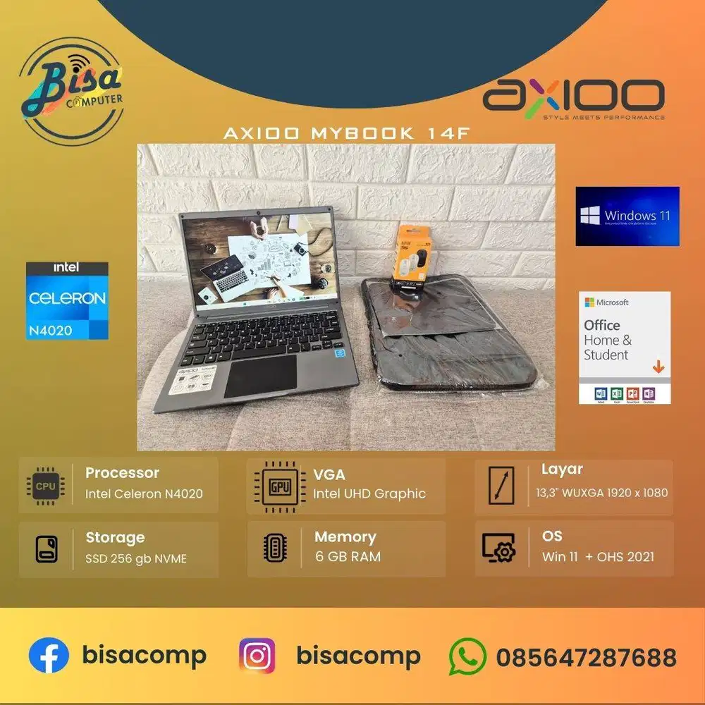 Axioo Mybook 14F Intel N4020 ssd 256gb ram 6gb mulus