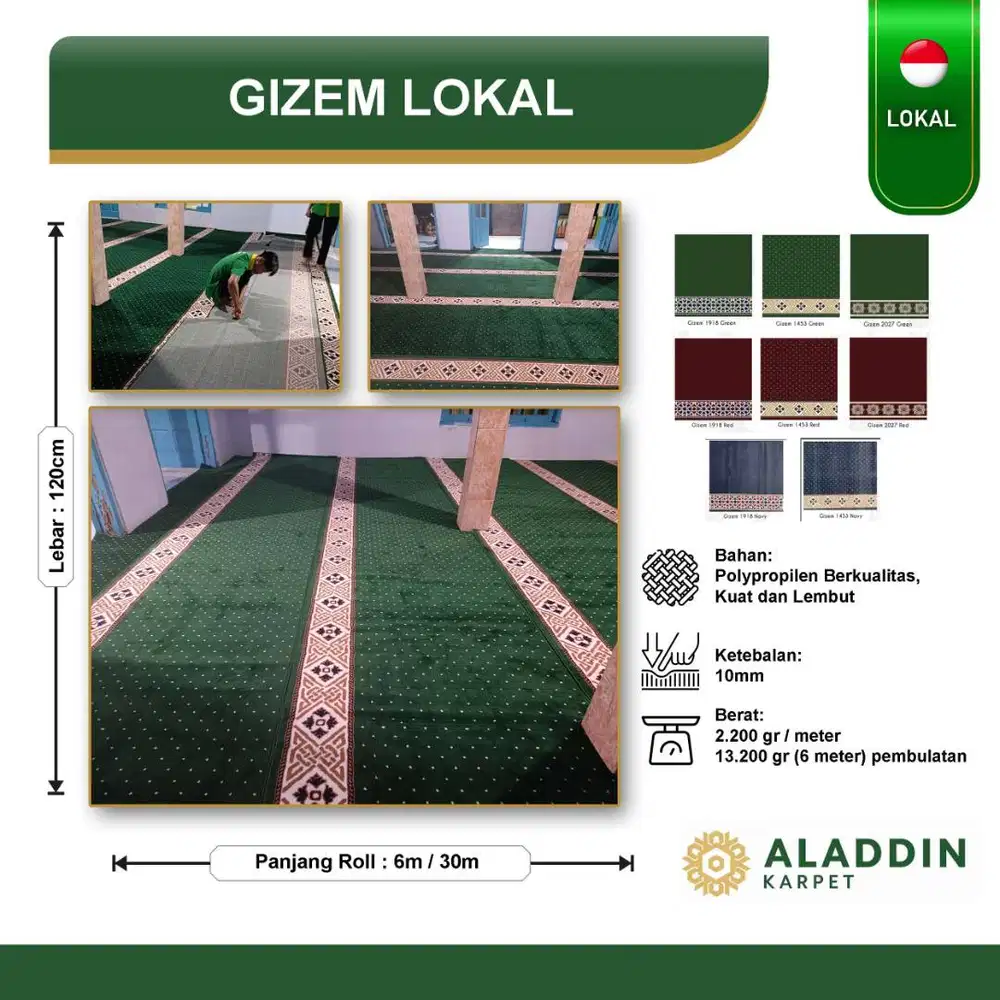Karpet Masjid Gizem Lokal - Meteran Permeter Hijau Merah Biru Navy