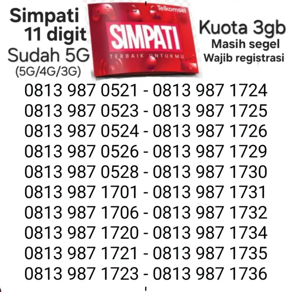 PROMO Nomor Cantik Simpati 11 Digit 5G kuota 3GB 3 gb Termurah Murah