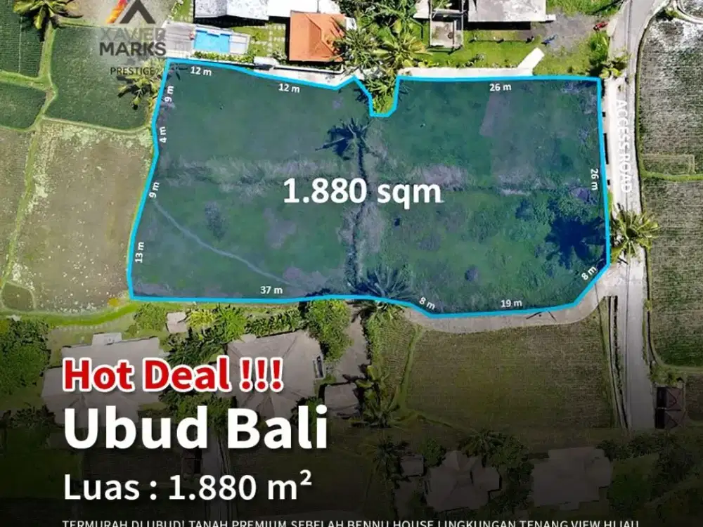 TERMURAH DI UBUD	 DIJUAL TANAH PREMIUM SEBELAH BENNU HOUSE BALI LINGKUNGAN TENANG VIEW HIJAU