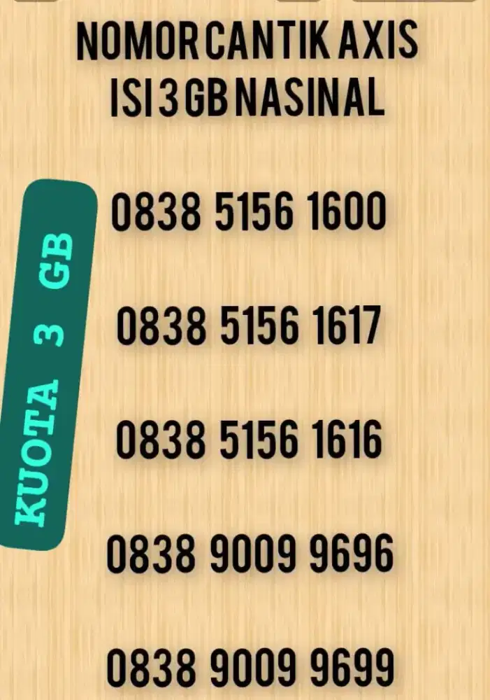 NOMOR CANTIK AXIS ISI 3 GB NASIONAL BERLAKU SATU BULAN.