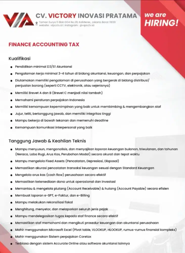 LOWONGAN KERJA - FINANCE ACCOUNTING TAX STAFF