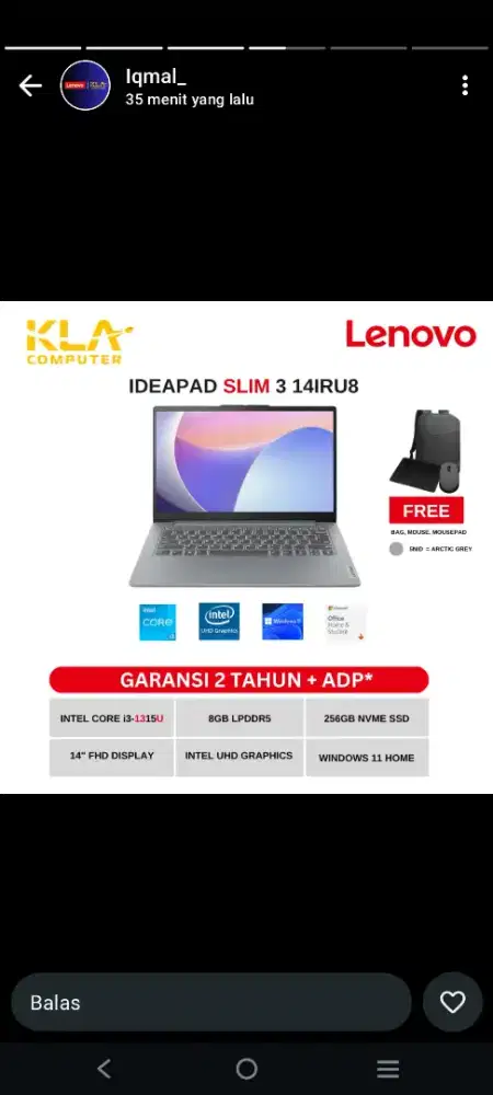 Lenovo Ideapad Slim 3 yang unggul dan bandel hanya di KLA Komputer