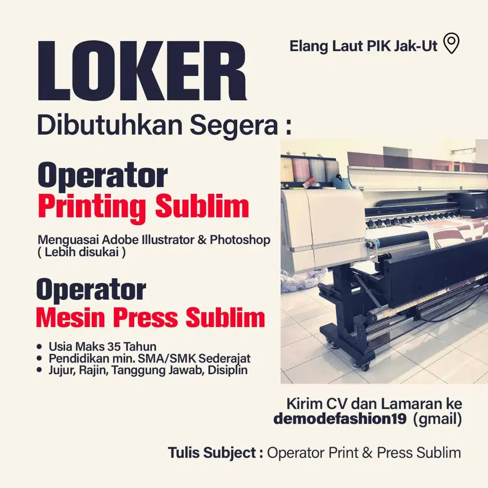 LOKER Operator Mesin Sublim + Drafter