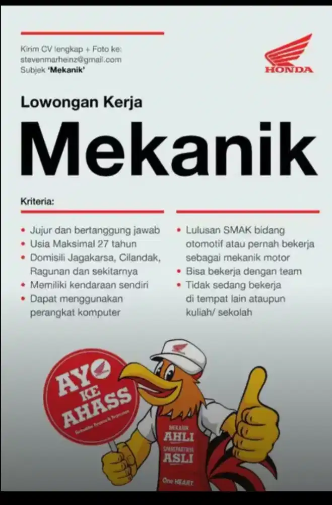 Loker Admin Sales, Mekanik dan Driver Dealer Sepeda Motor
