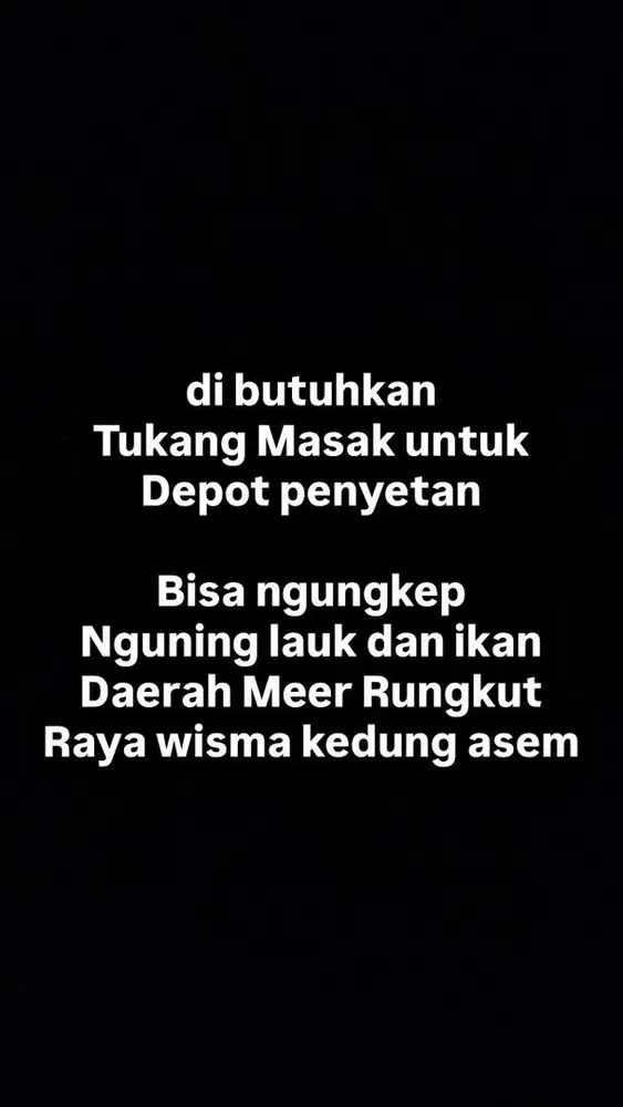 Di cari tukang masak utk depot penyetan