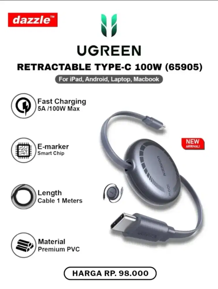 Ugreen retractable type C 100W fast charging 1M