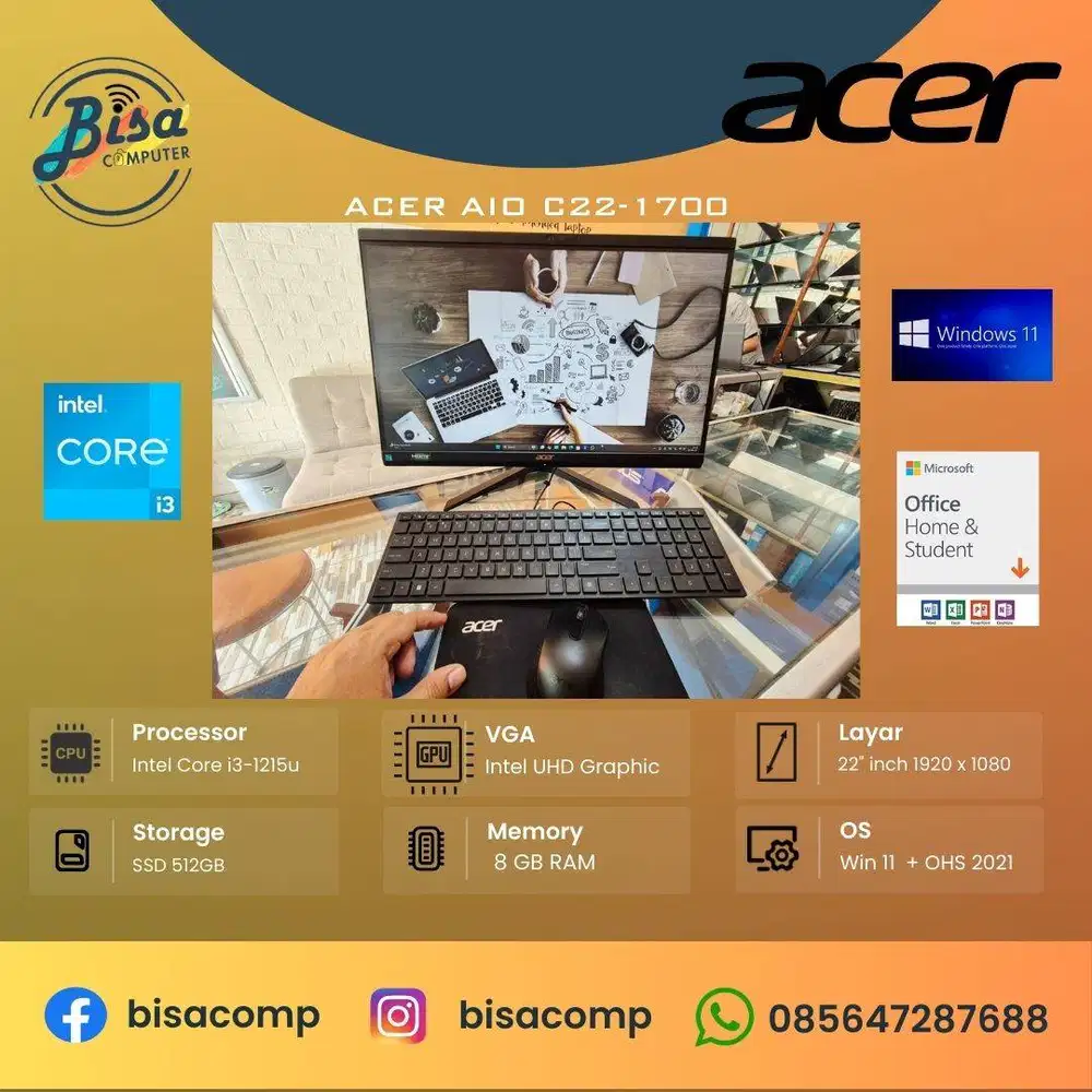 Acer AIO C22-1700 Intel core i2-1215u ssd 512gb ram 8gb siap pakai