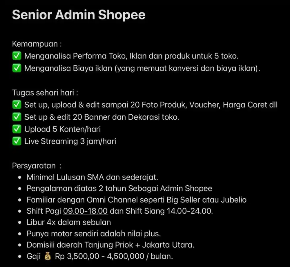 !URGENT! DIBUTUHKAN SENIOR ADMIN SHOPPE