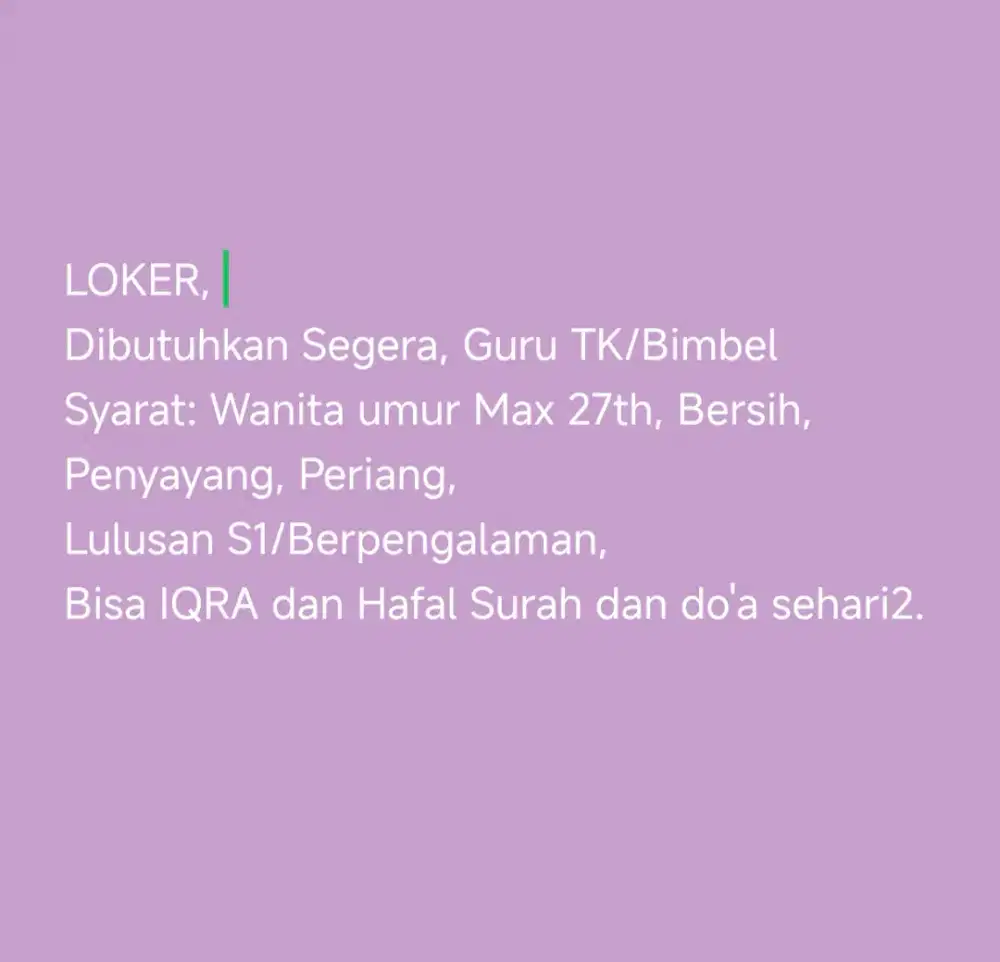 Dicari Guru TK Berpengalaman