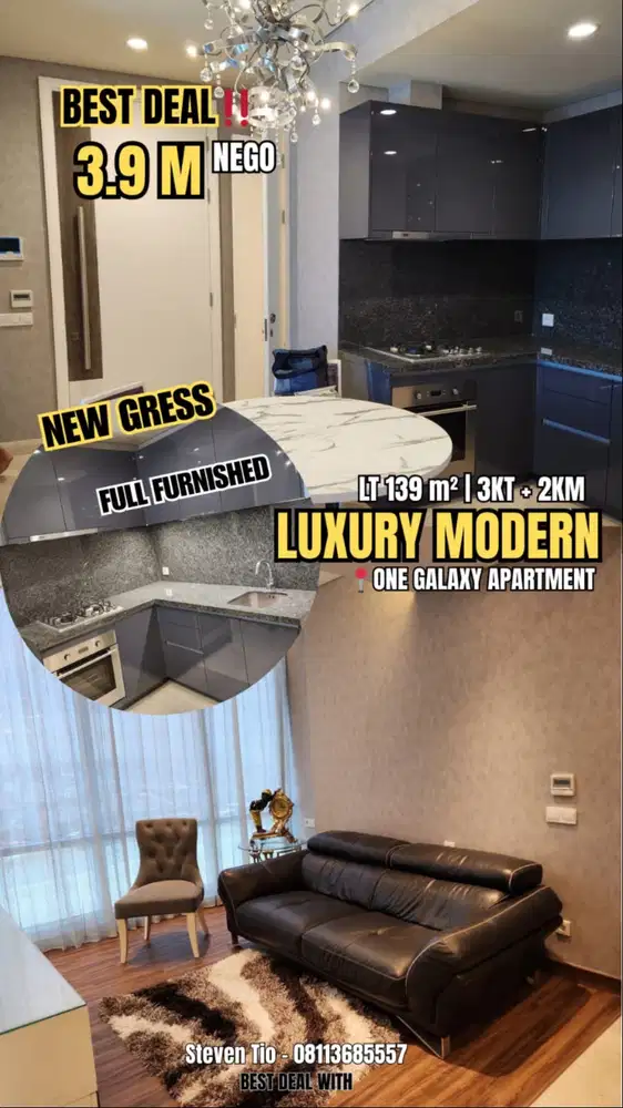Dijual Apartemen 3BR Baru Gress Full Furnish Galaxy Residence Surabaya