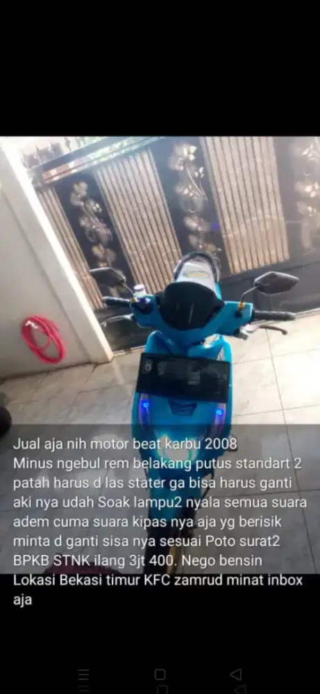Jual butuh motor beat karbu 2008 ss BPKB.STNK ILANG