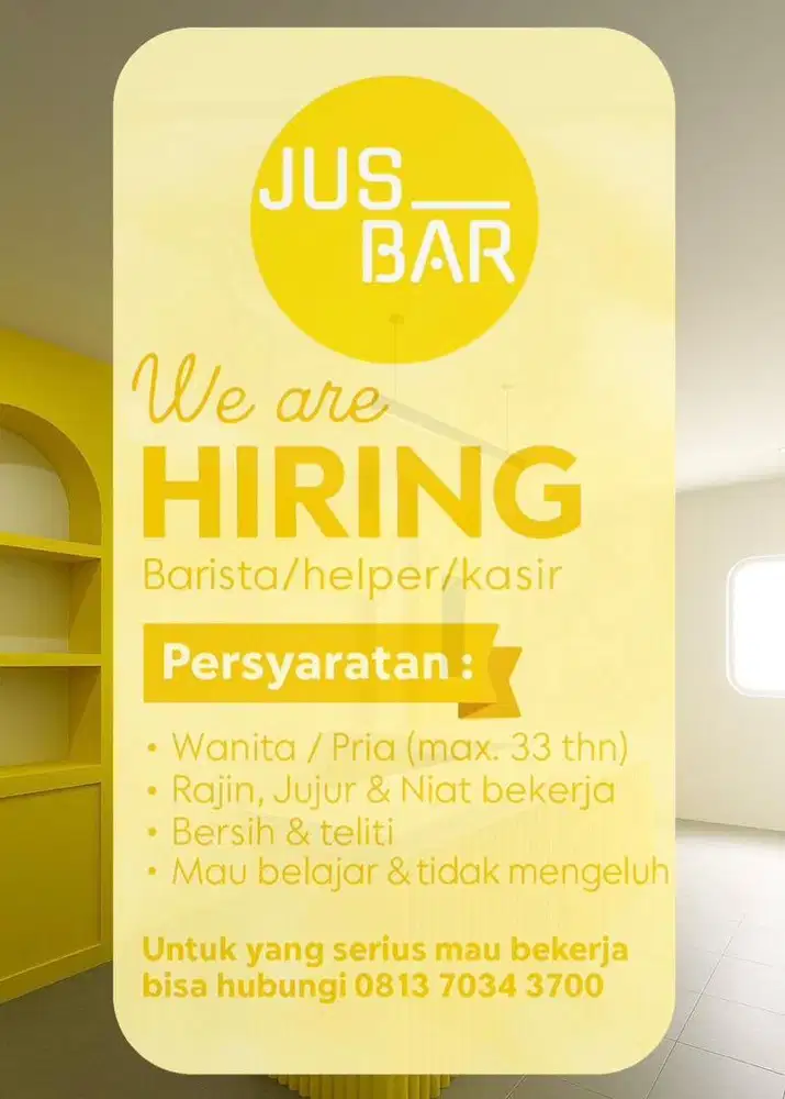 Dibutuhkan karyawan kerja di toko JUSBAR