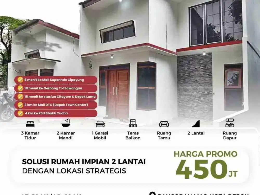 Rumah 2 Lantai Modern, Nyaman, Terjangkau, Pancoran Mas, Depok. Dekat Mall Superindo Cipayung