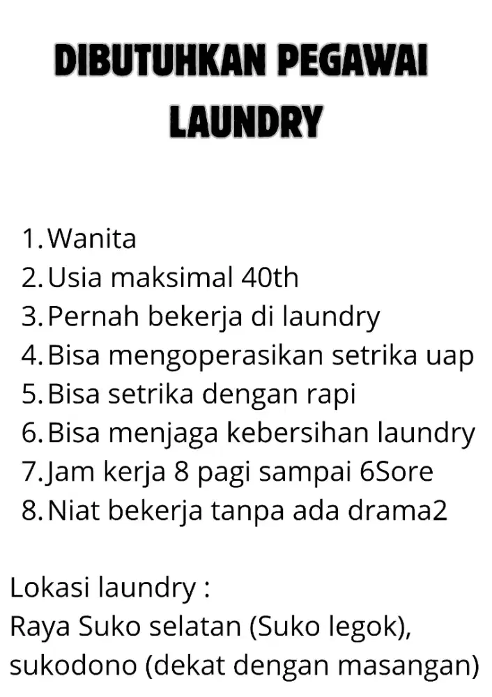 Dibutuhkan karyawan laundry (bukan koin)