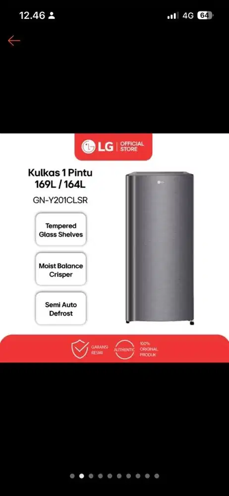Kulkas 1 Pintu 169L gross/ 164L nett- Bio shield-semi auto defrost